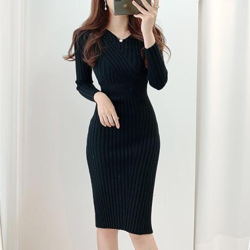 Long-Sleeve V-Neck Ribbed Midi Sheath Knit Dress Product Image