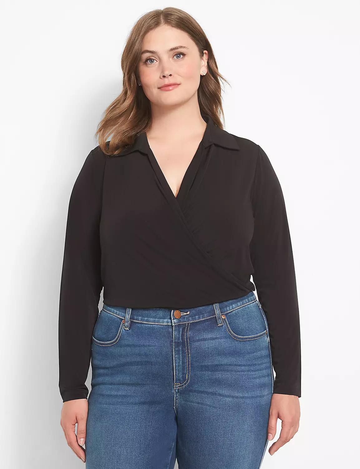 Lane Bryant Fitted Long-Sleeve Surplice Collar Crop Shirt 22/24 Black Product Image