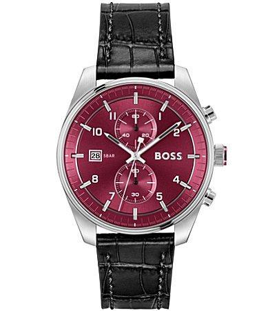 Hugo Boss Mens Skytraveller Quartz Chronograph Burgundy Dial Black Leather Strap Watch Product Image