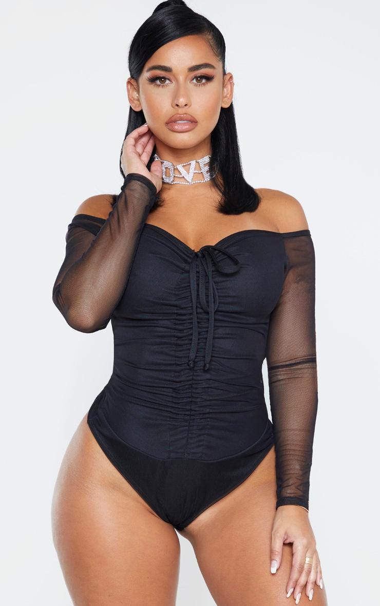 Shape Black Mesh Long Sleeve Ruched Bodysuit Product Image