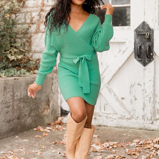 Talk of The Town Green Belted Sweater Dress FINAL SALE Product Image