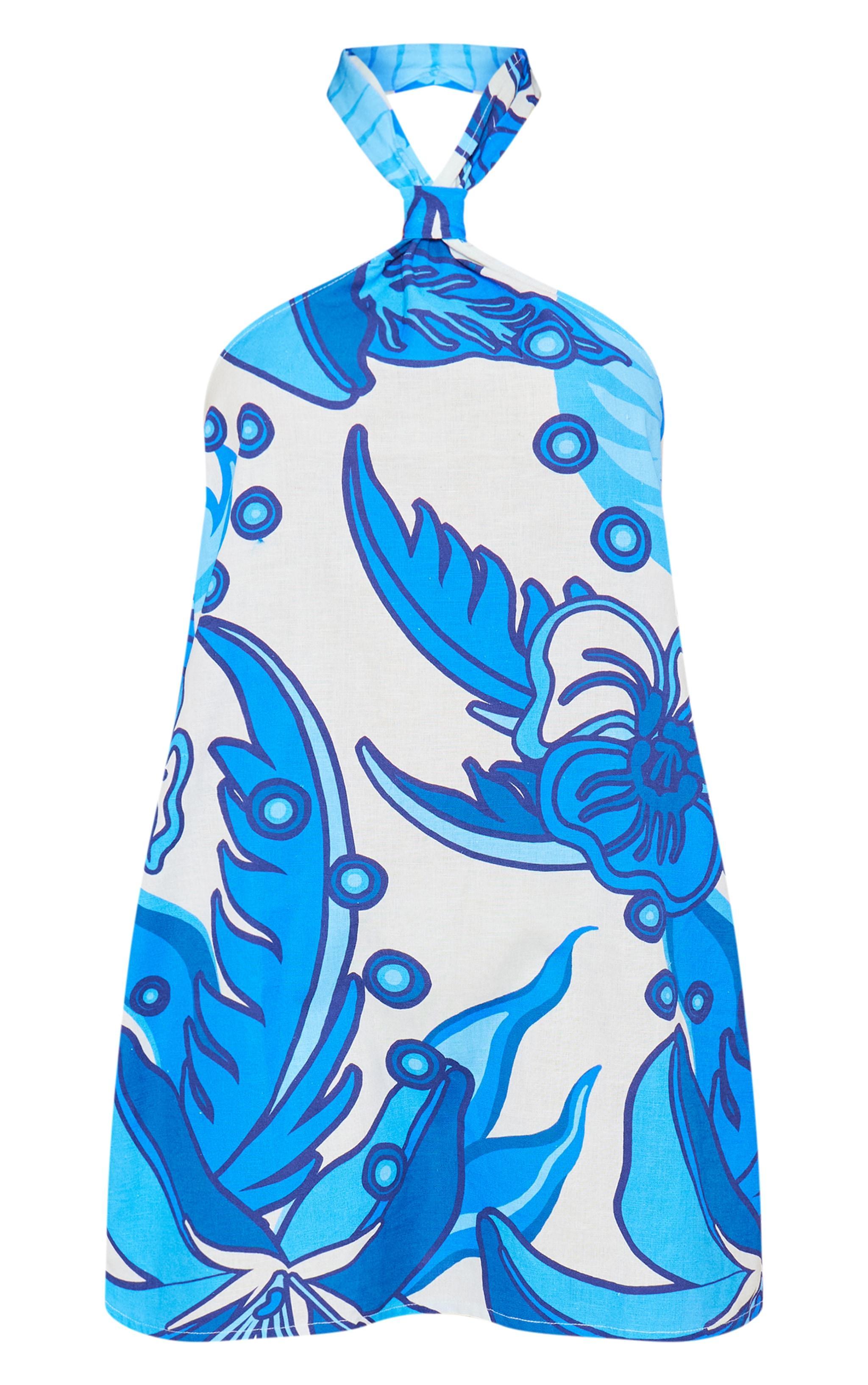 Blue Abstract Print Halter Neck Shift Dress Product Image