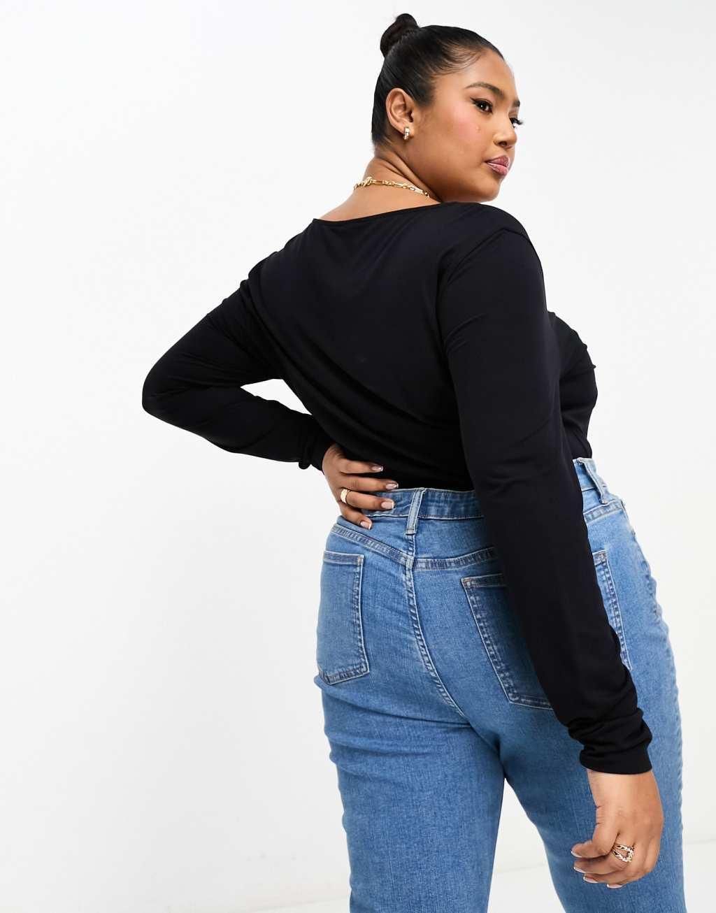 ASOS DESIGN Curve long sleeve wrap top in black Product Image