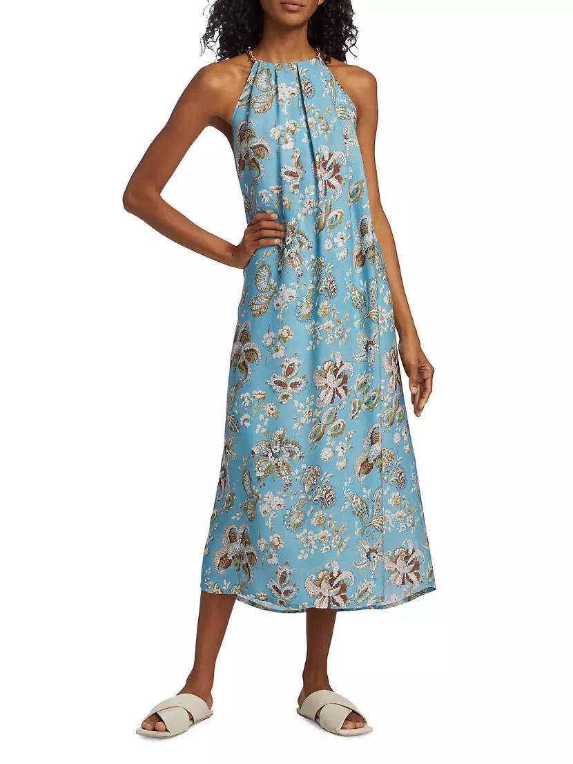 Printed Silk Halter Chain Midi-Dress Product Image