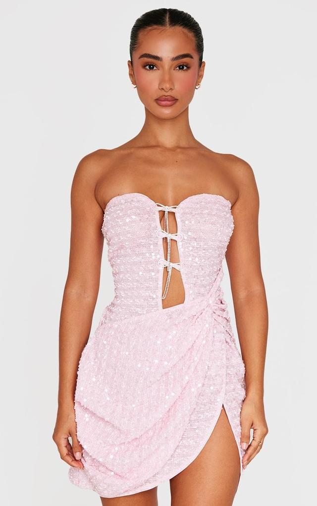 Petite Pink Bow Embellished Bandeau Sequin Mini Dress Product Image