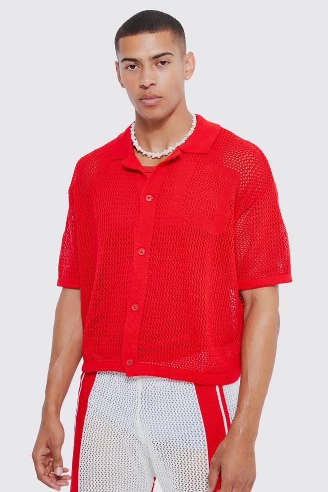 Mens Red Short Sleeve Boxy Open Stitch Varsity Knit Shirt, Red Product Image