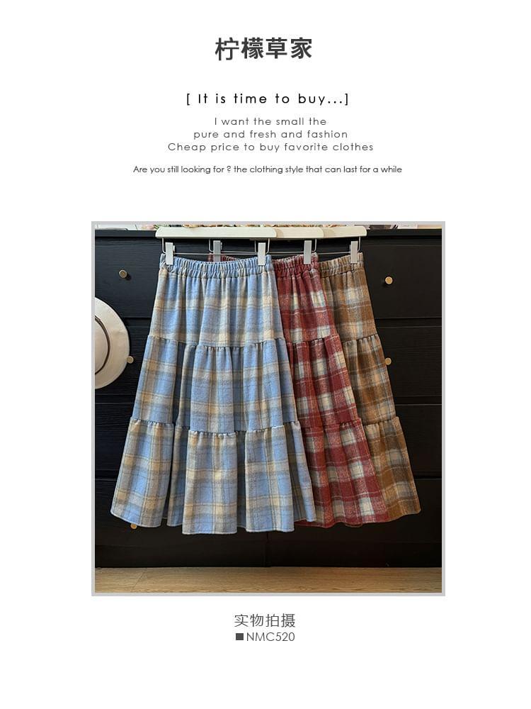 Plaid High-Waist Wool A-Line Skirt product image