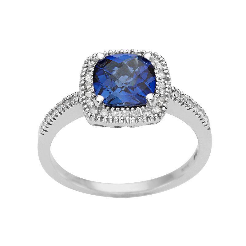 10k White Gold Lab-Created Sapphire & 1/5 Carat T.W. Diamond Cushion Halo Ring, Womens Blue Product Image