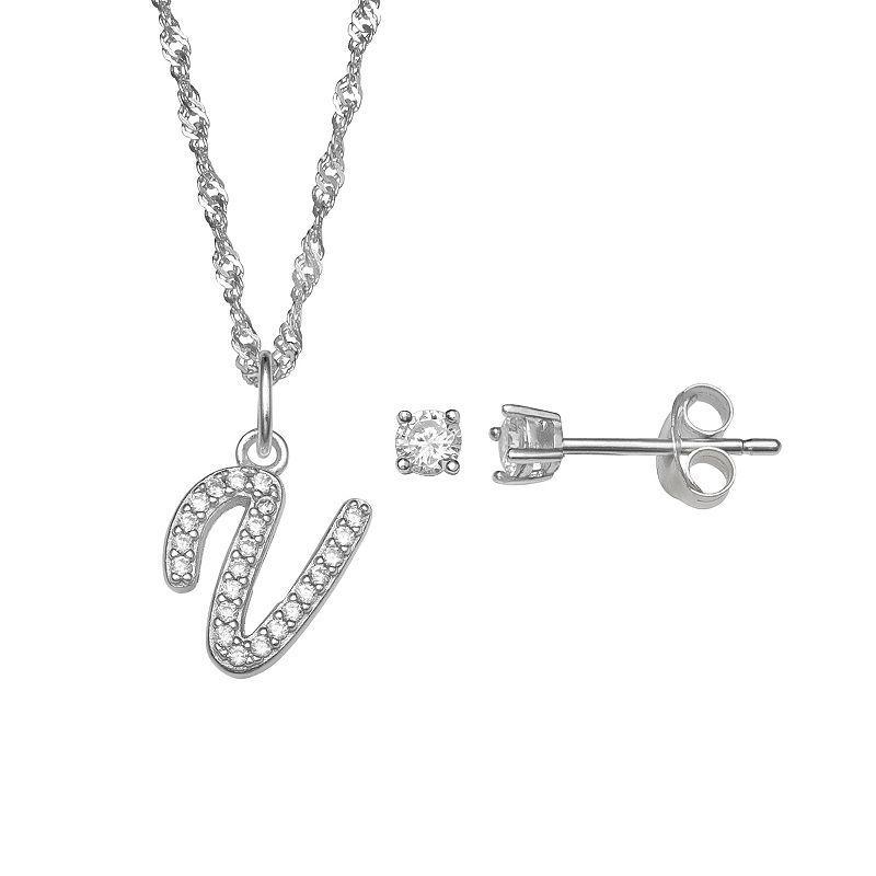 LC Lauren Conrad Sterling Silver Cubic Zirconia Stud Earrings & Initial Pendant Necklace Set, Womens Sterling Silver P Product Image