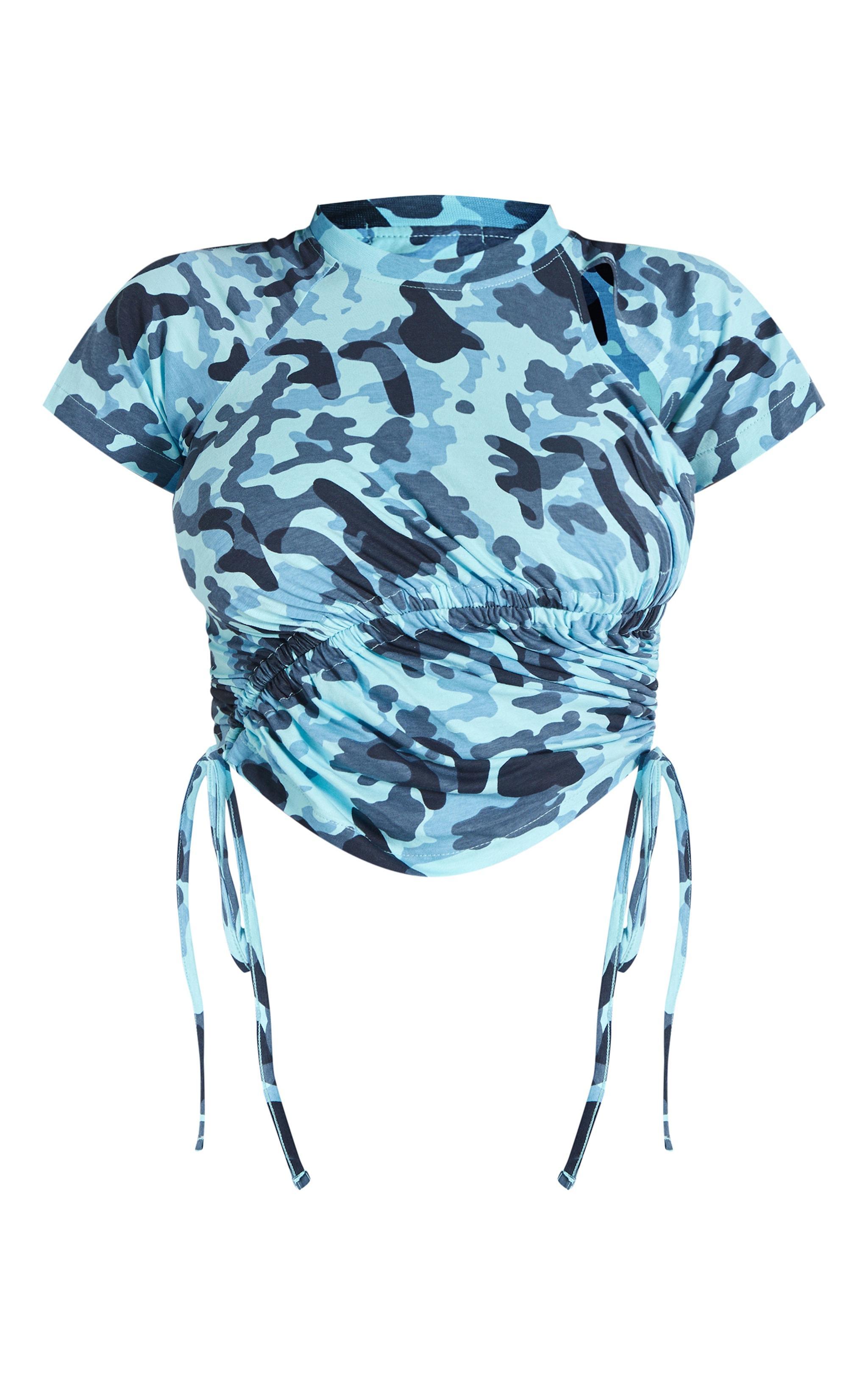 Shape Blue Cotton Camo Print Cut Out Ruched Top Product Image