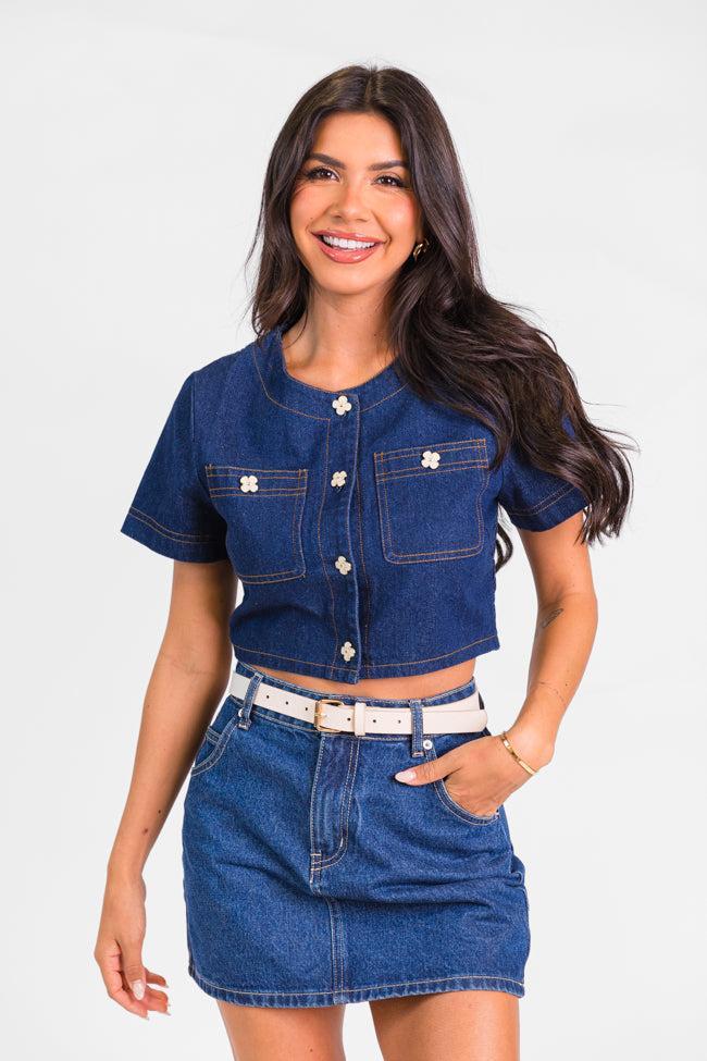 Little Details Dark Wash Denim Button Front Crop Blouse product image