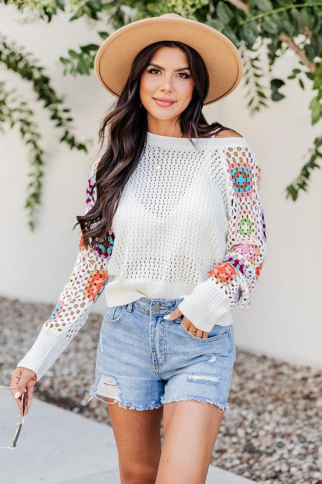 A Wonderful Life Ivory Multi Crochet Sleeve Sweater  FINAL SALE Product Image