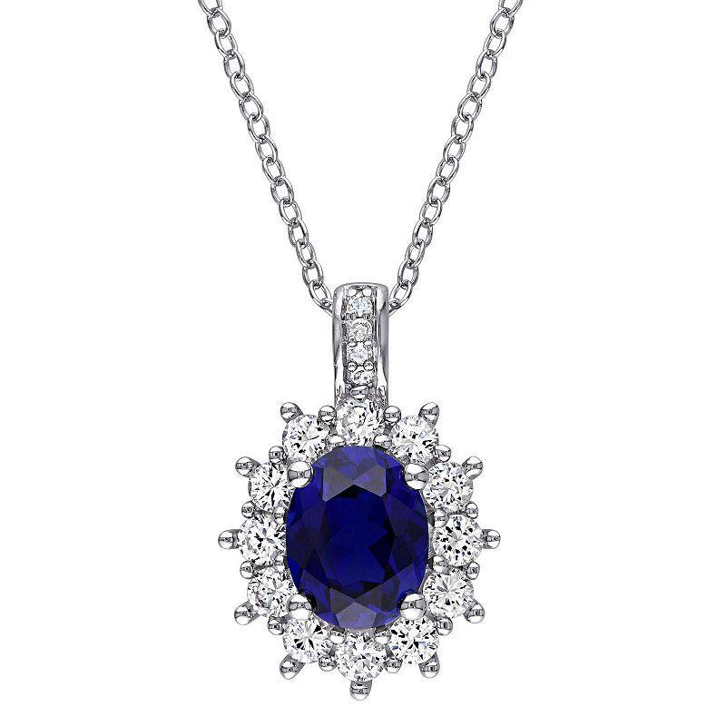 Stella Grace Sterling Silver Lab-Created Sapphire, Lab-Created White Sapphire & Diamond Accent Oval Halo Pendant Necklace, Womens Product Image