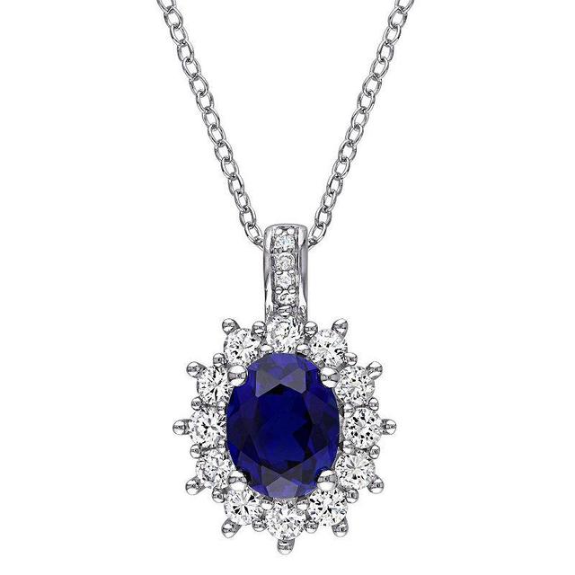 Stella Grace Sterling Silver Lab-Created Sapphire, Lab-Created White Sapphire & Diamond Accent Oval Halo Pendant Necklace, Womens Blue Product Image