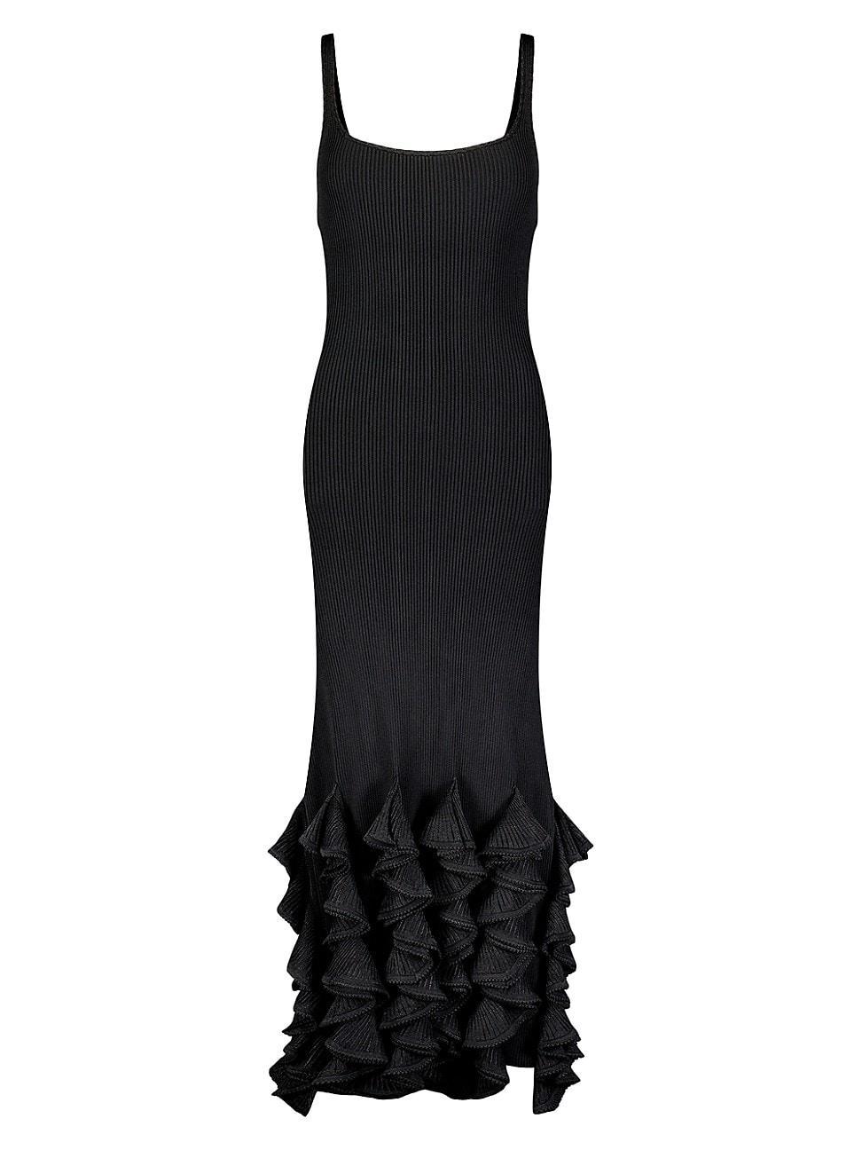 Womens Ribbed Ruffle-Hem Midi-Dress Product Image