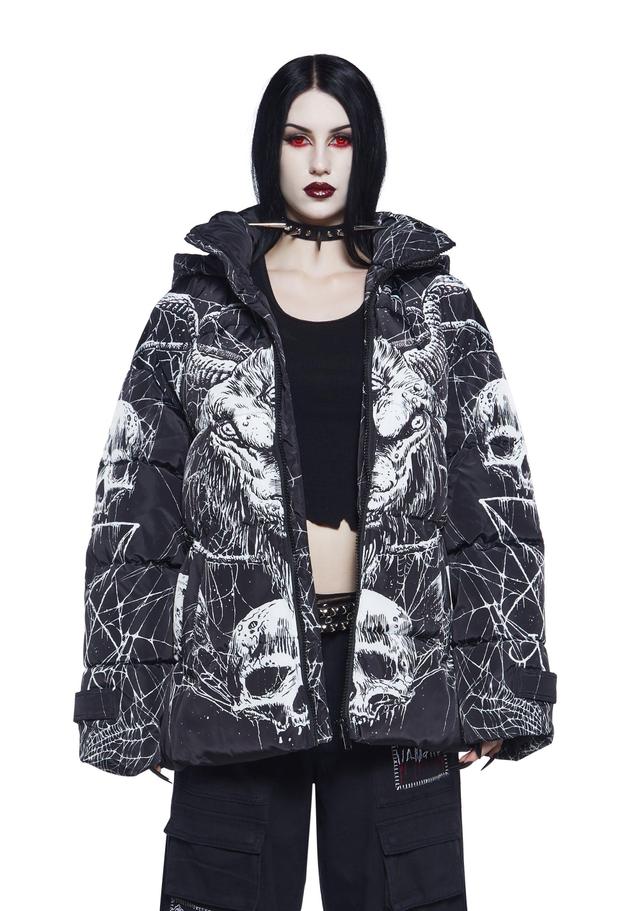 Widow Vampire Goth Graphic Print Devil Goat Skull Spiderweb Quilted Puffer Jacket - Black Product Image