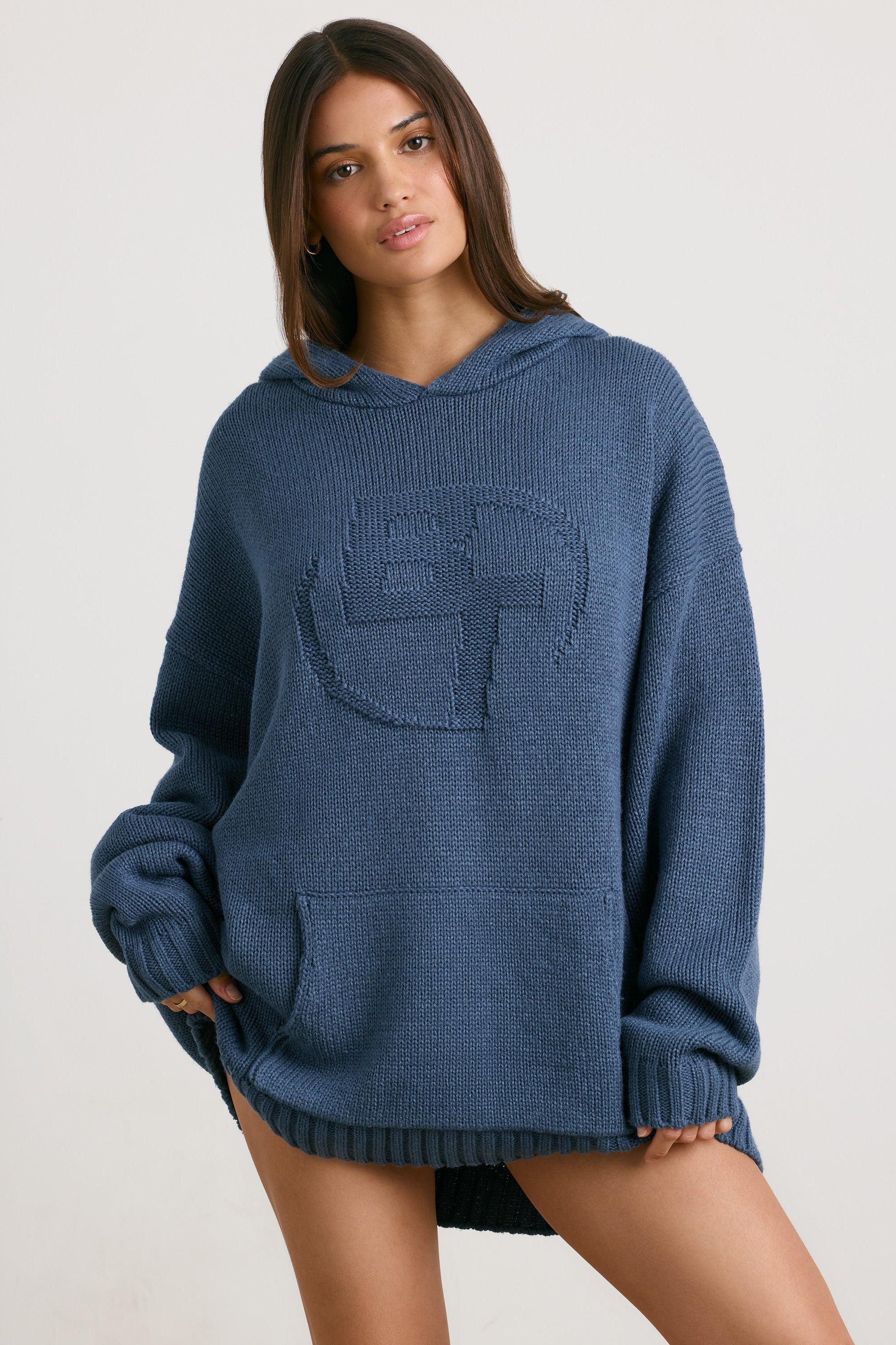 Oversized Chunky Knit Hoodie in Washed Navy Product Image