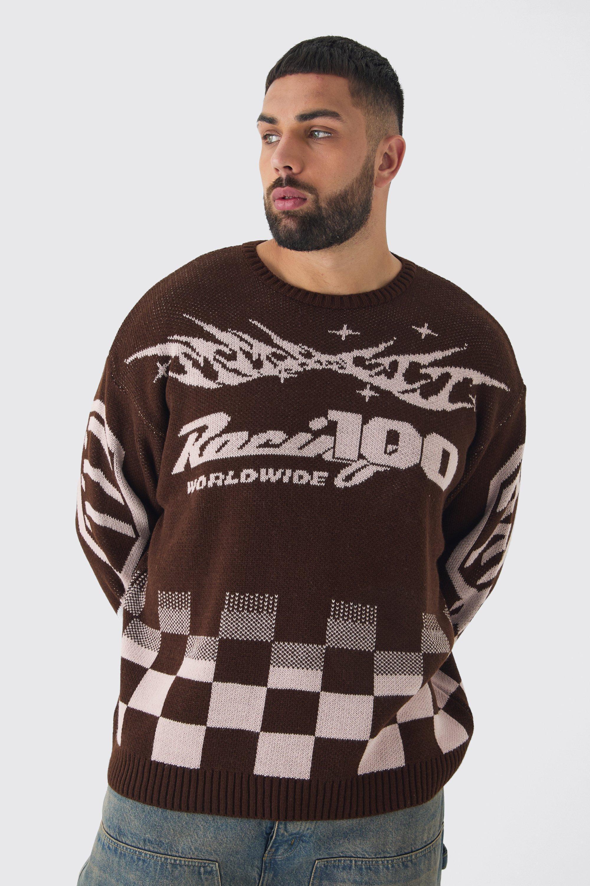 Plus Moto Crew Neck Knitted Sweater In Brown | boohooMAN USA Product Image