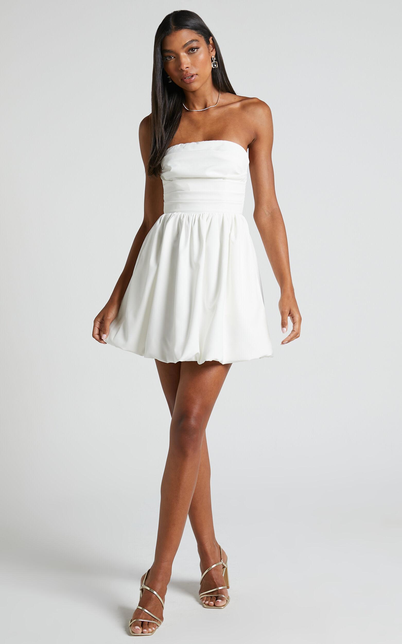 Shaima Mini Dress - Strapless Bubble Hem Dress in White Product Image