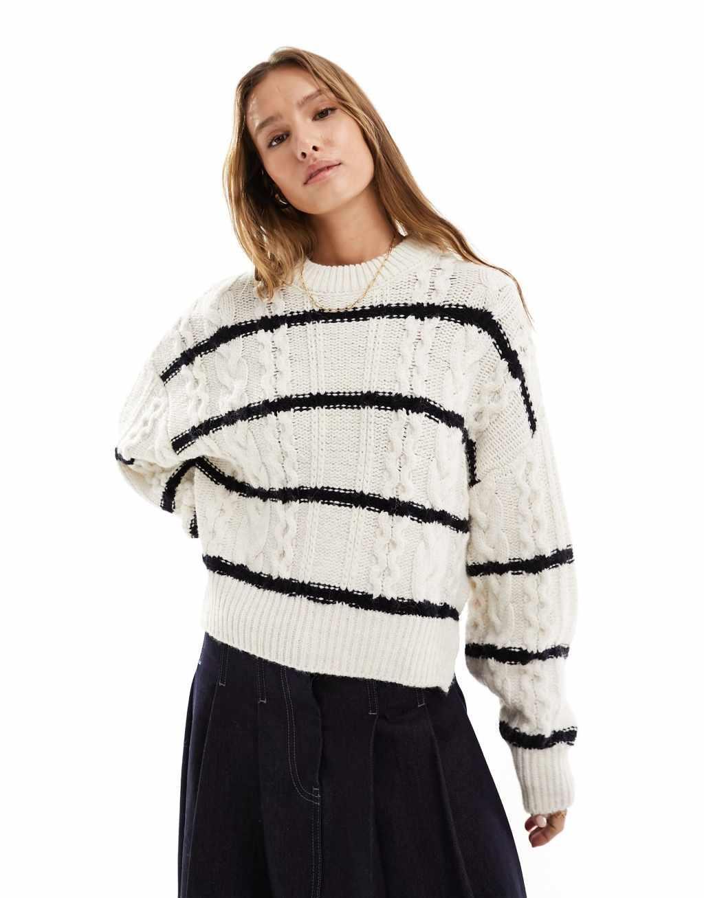 ASOS DESIGN crew neck cable sweater in cream stripe product image