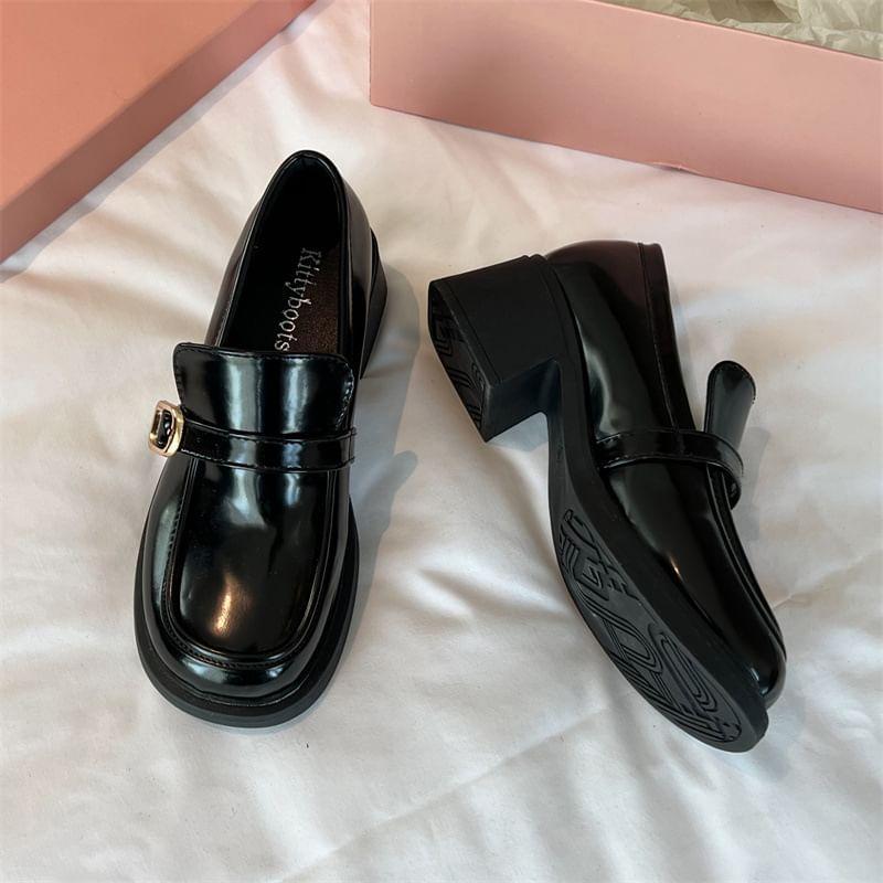 Chunky Heel Plain Buckled Faux Leather Loafers Product Image