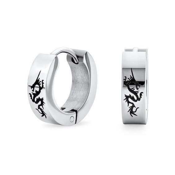 Men's Laser-Inscribed Dragon Huggie Hoop Earrings in Stainless Steel Product Image