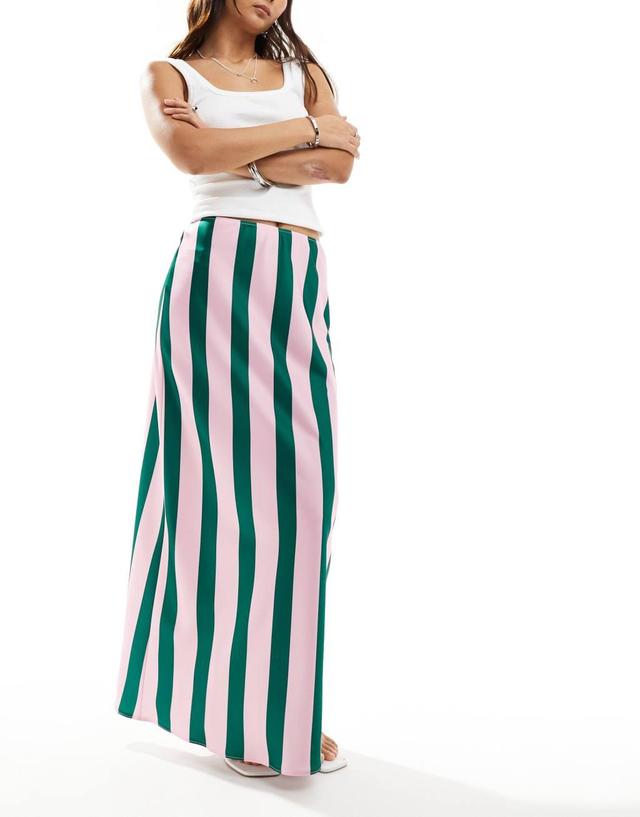 ASOS DESIGN satin bias maxi skirt in pink and green stripe Product Image