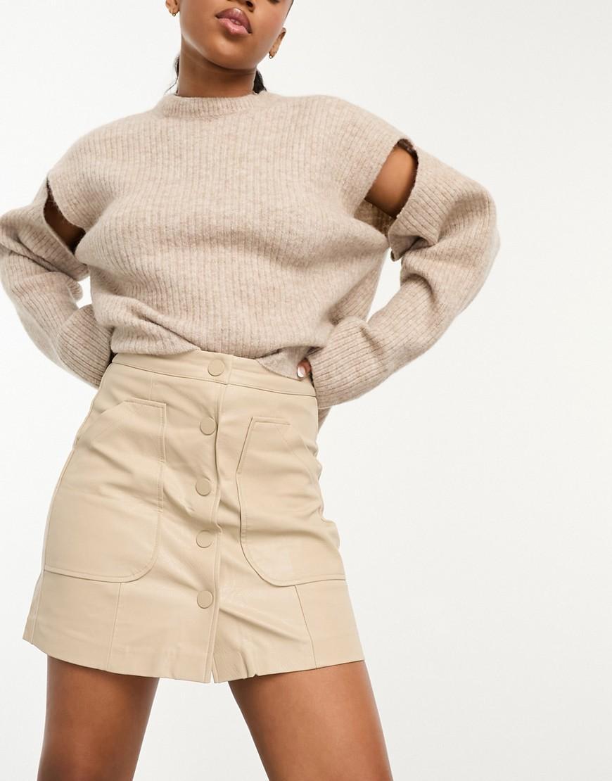 Stradivarius faux leather mini skirt with button front in beige Product Image