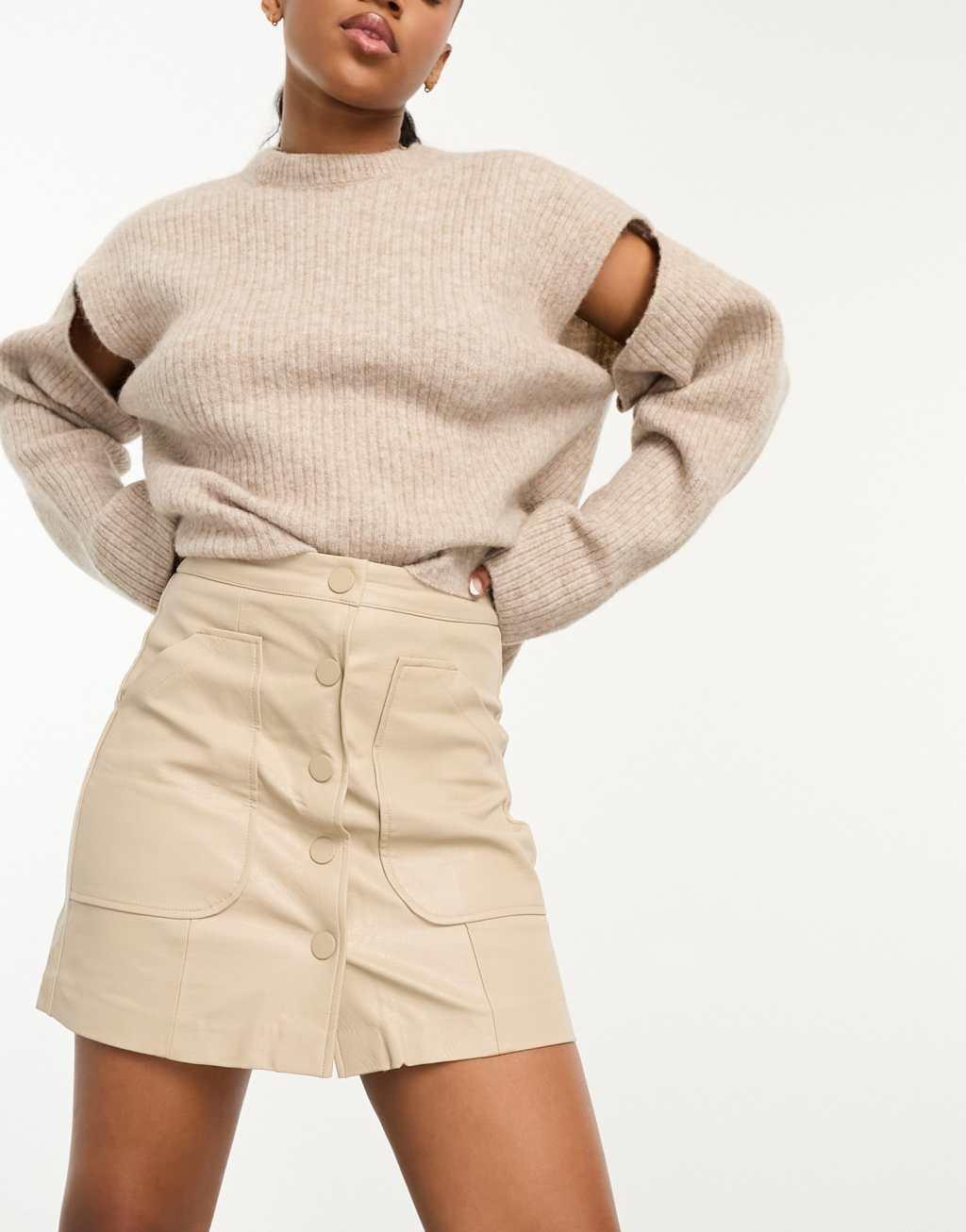 Stradivarius faux leather mini skirt with button front in beige Product Image