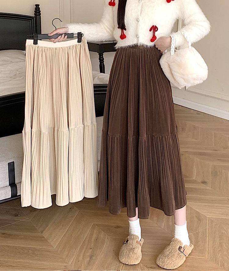 High Waist Plain Midi A-Line Pleated Skirt Product Image