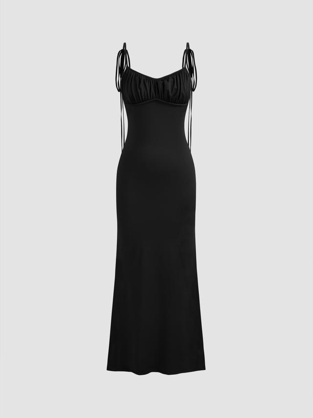 V-neck Solid Ruched Knotted Maxi Dress Product Image