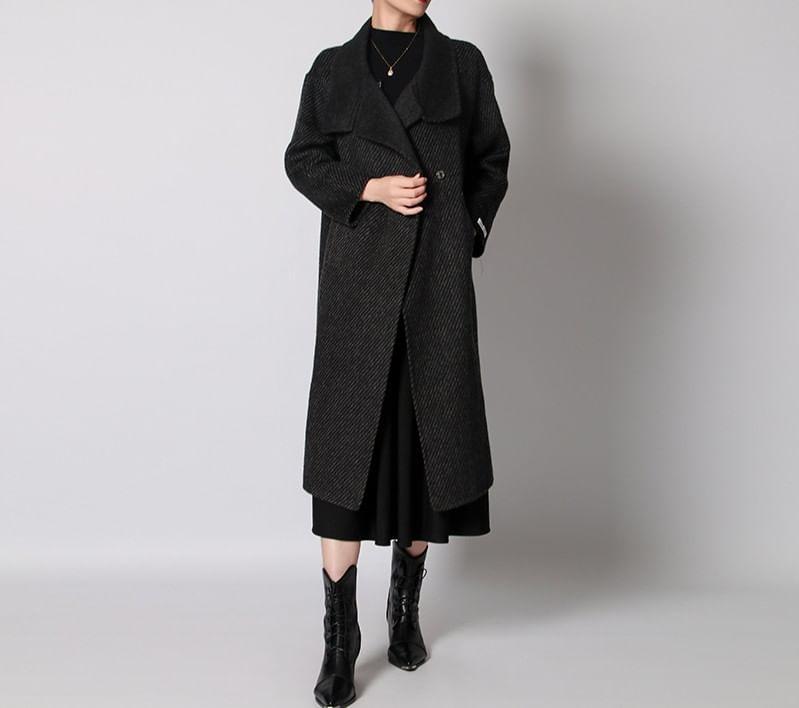 Stand Collar Striped Buttoned Long Coat Product Image