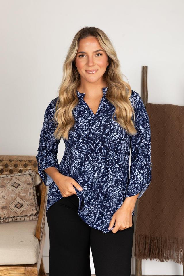 Navy And Pastel Blue Wrinkle Free Lizzy Top Product Image