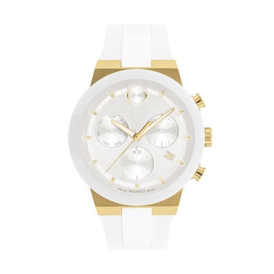 Men's Movado BoldÂ® Fusion Two-Tone IP Ceramic Chronograph White Silicone Strap Watch with White Dial (Model: 3600893) Product Image