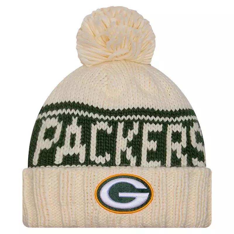 Womens New Era Cream Green Bay Packers 2024 Sideline Cuffed Knit Hat with Pom Product Image