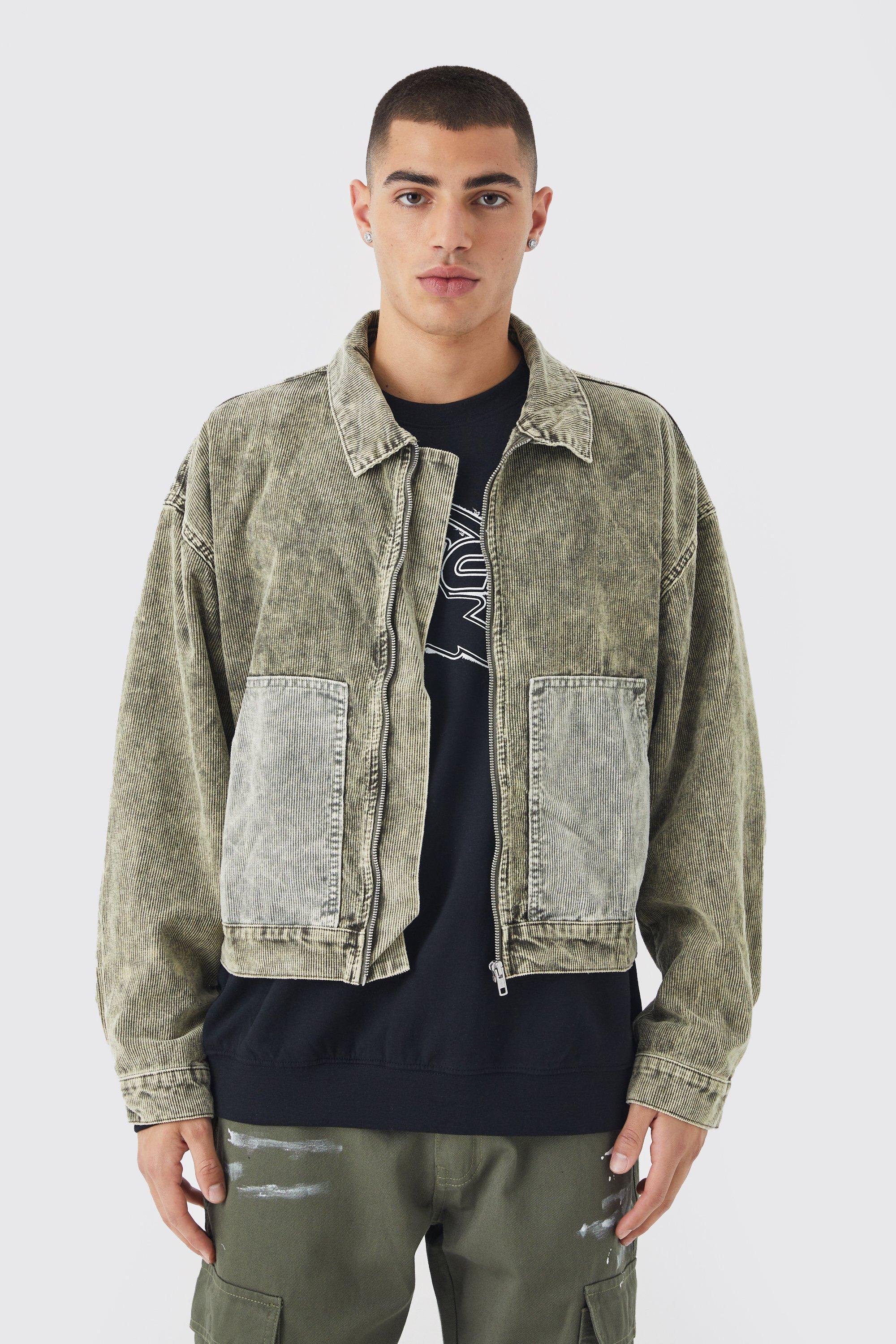 Boxy Colour Block Acid Wash Corduroy Jacket | boohooMAN USA Product Image