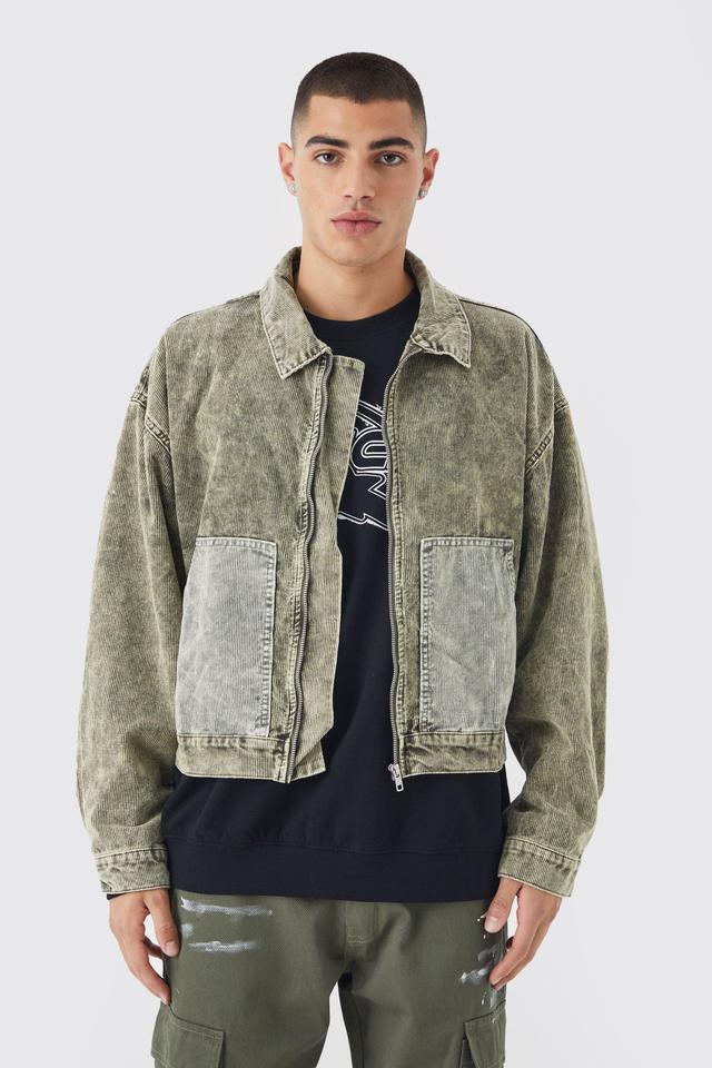 Boxy Colour Block Acid Wash Corduroy Jacket | boohooMAN USA Product Image