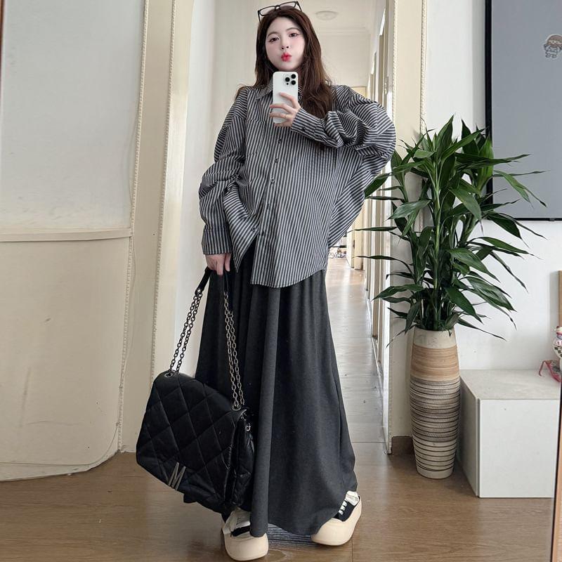 Maternity Long Sleeve Collared Striped Shirt / Elastic Waist Plain Maxi A-Line Skirt Product Image