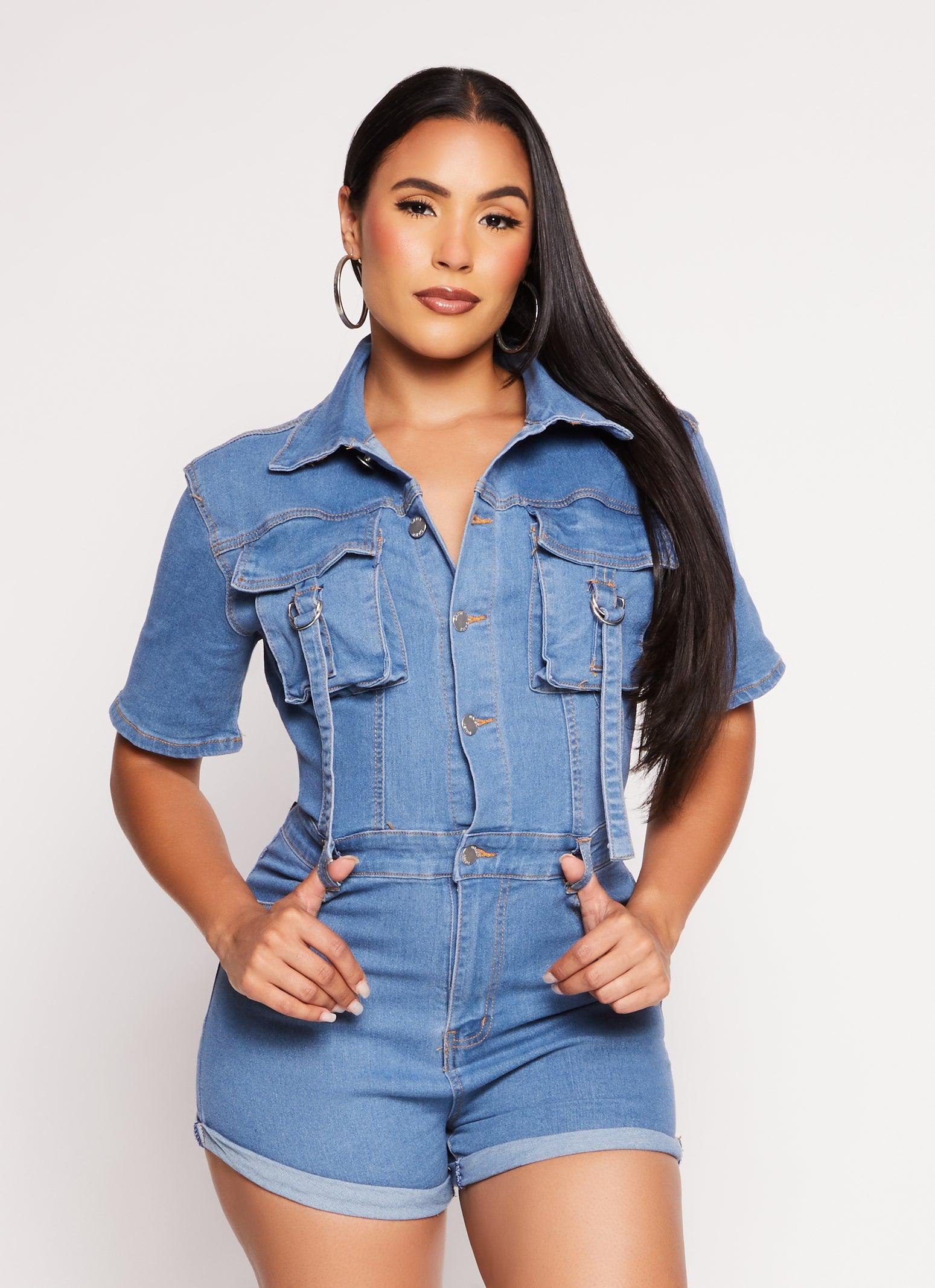 Womens Daisy Denim Utility Romper Product Image