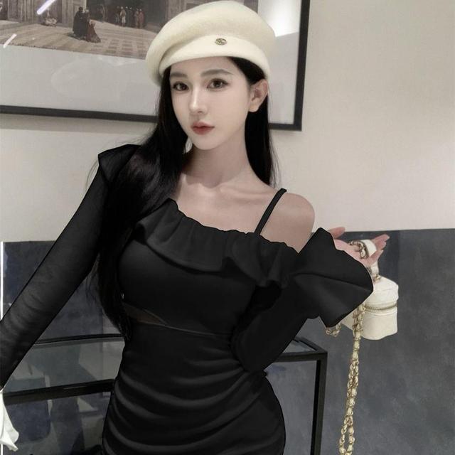 Long-Sleeve Ruffle Cutout Plain Mini Bodycon Dress Product Image