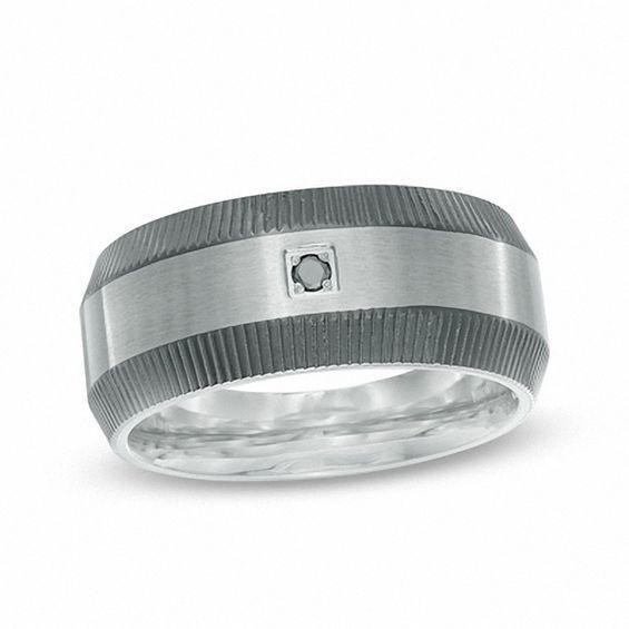 Men's 10.0mm Black Diamond Accent Grooved Band in Two-Tone Stainless Steel Product Image