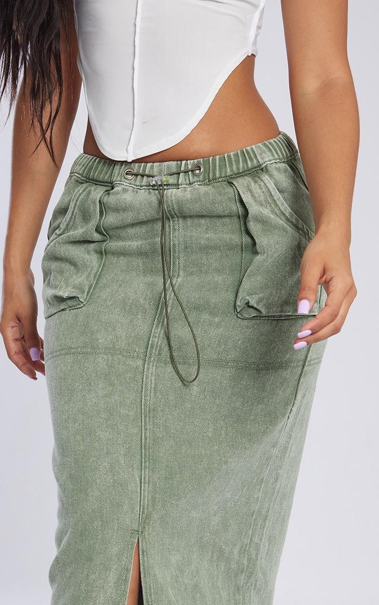 Petite Washed Green Denim Cargo Midi Skirt Product Image