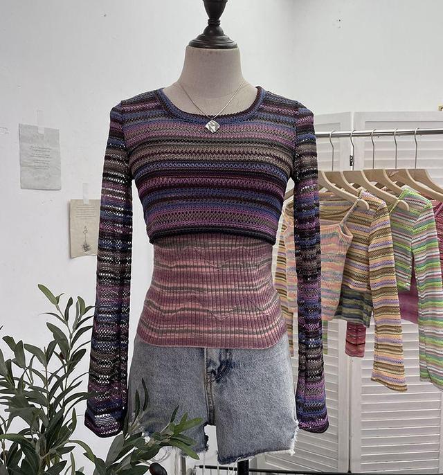 Set: Long-Sleeve Crew Neck Striped Perforated Crop Knit Top + Camisole Top Product Image