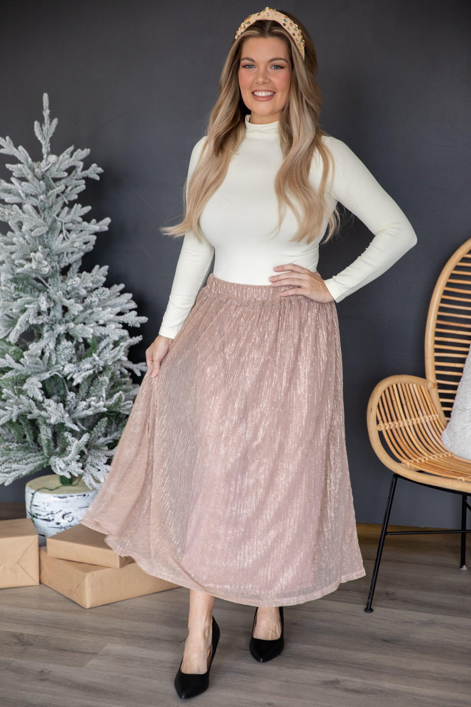 Dusty Rose Lurex Crystal Pleat Midi Skirt Product Image