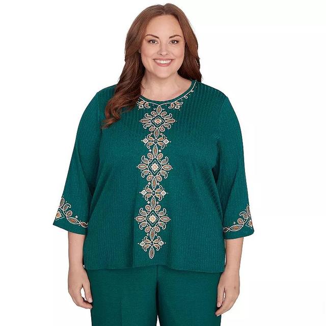 Plus Size Alfred Dunner Center Medallion Embroidered Three Quarter Sleeve Top, Womens Green Product Image