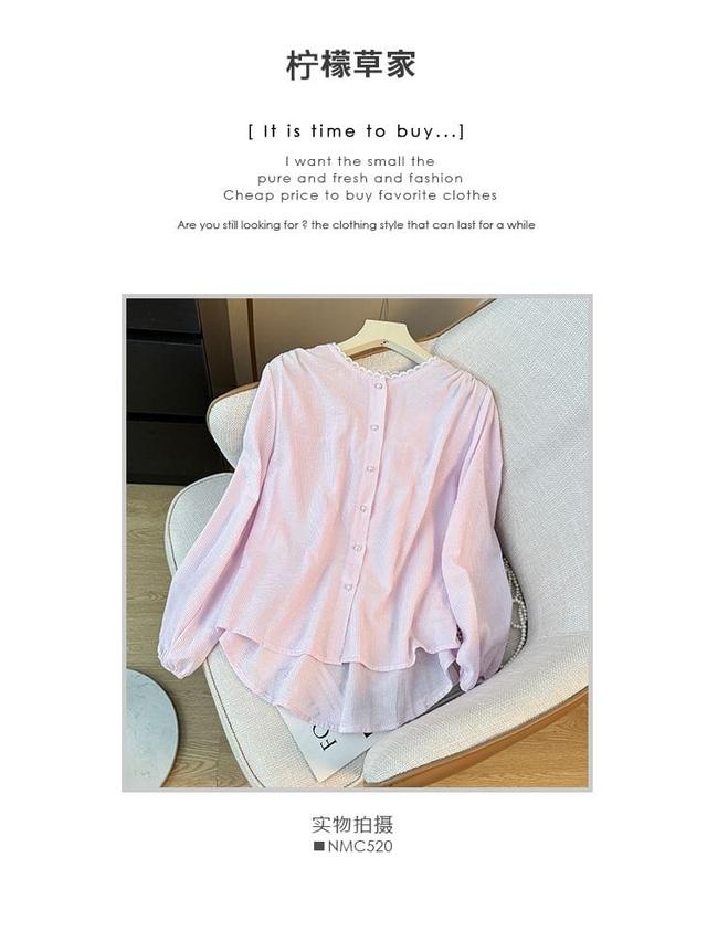 Dip-Back Lace-Trim Striped Round-Neck Loose Shirt Product Image