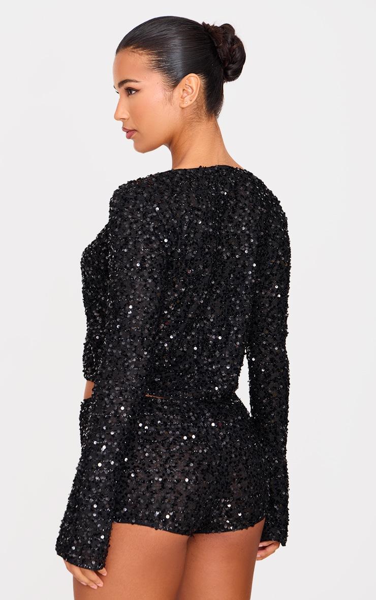 Black Textured Sequin Tie Top Product Image