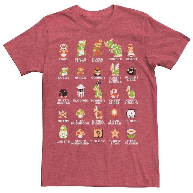 Mens Nintendo Super Mario 8-bit Pixel Icons List Vintage Graphic Tee Red Grey Product Image