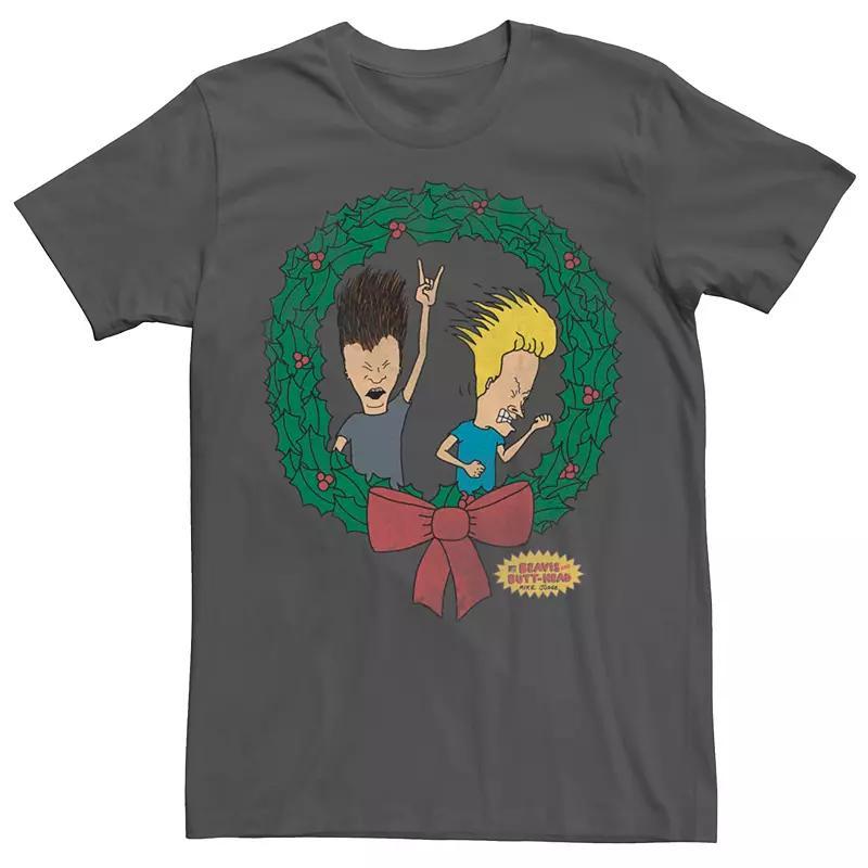 Mens Beavis And Butthead Christmas Wreath Tee Grey Product Image