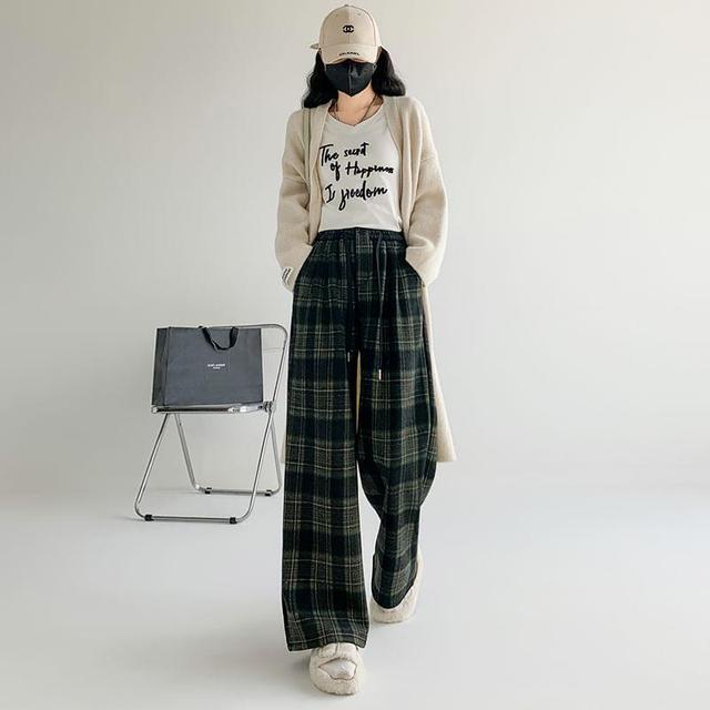 High Rise Plaid Wide Leg Pants Product Image